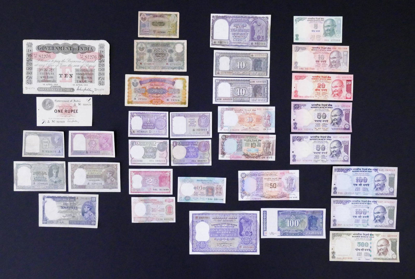 India. 33pc 1919-2006: India. 33pc 1919-2006. Includes Government of India 10 Rupees 15.4.1919 Pick A10f, UNC Government of India 1 Rupee 1917 Pick 1g, Reserve Bank of India ND (1937) 5 Rupees Pick 18a, Reserve Bank of Indi