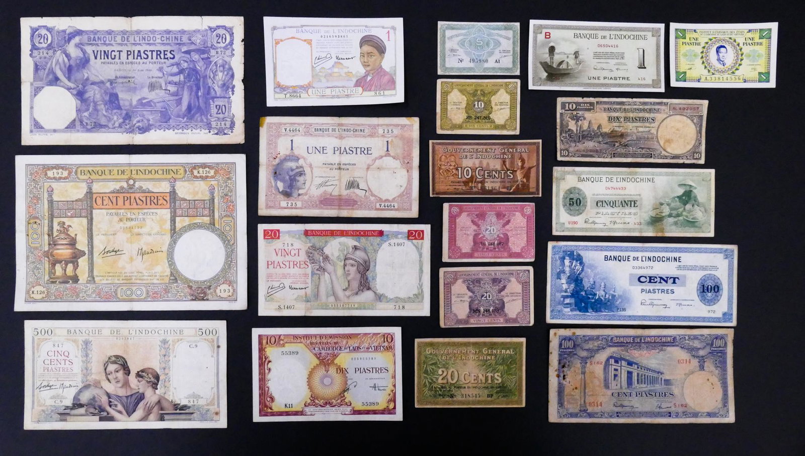 Indochine. French Indo-China 19pc 1920-1953: Indochine. French Indo-China 19pc 1920-1953 . Includes Banque de l'Indochine 20 Piastres 1.8.1920 Pick 41, Banque de l'Indochine 100 Piastres ND (1925-26) Pick 51d, Banque De L'Indochine 1 Piastre ND 