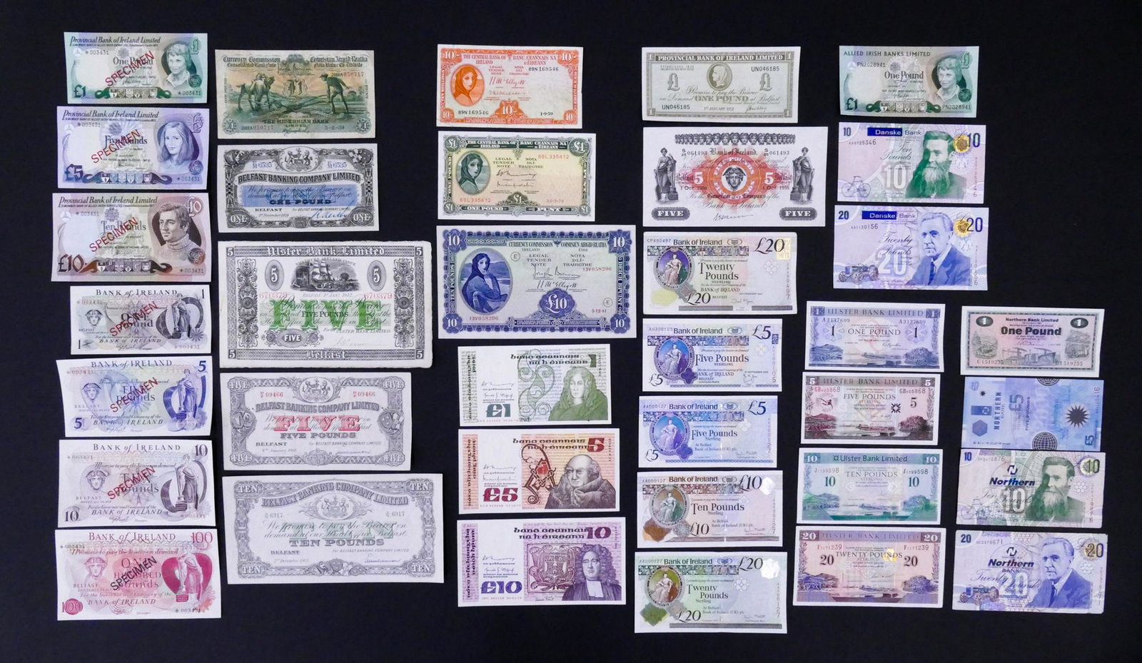 Ireland. 36pc 1939-2013. Includes 7pc Specimens: Ireland & Northern Ireland. 36pc 1939-2013. Includes 7pc Specimens- (3pc) Provincial Bank of Ireland Limited 1977 Specimens, (4pc) Bank of Ireland ND 1977-78 Specimens, Bank of Ireland N5 1.10.1958 Pi