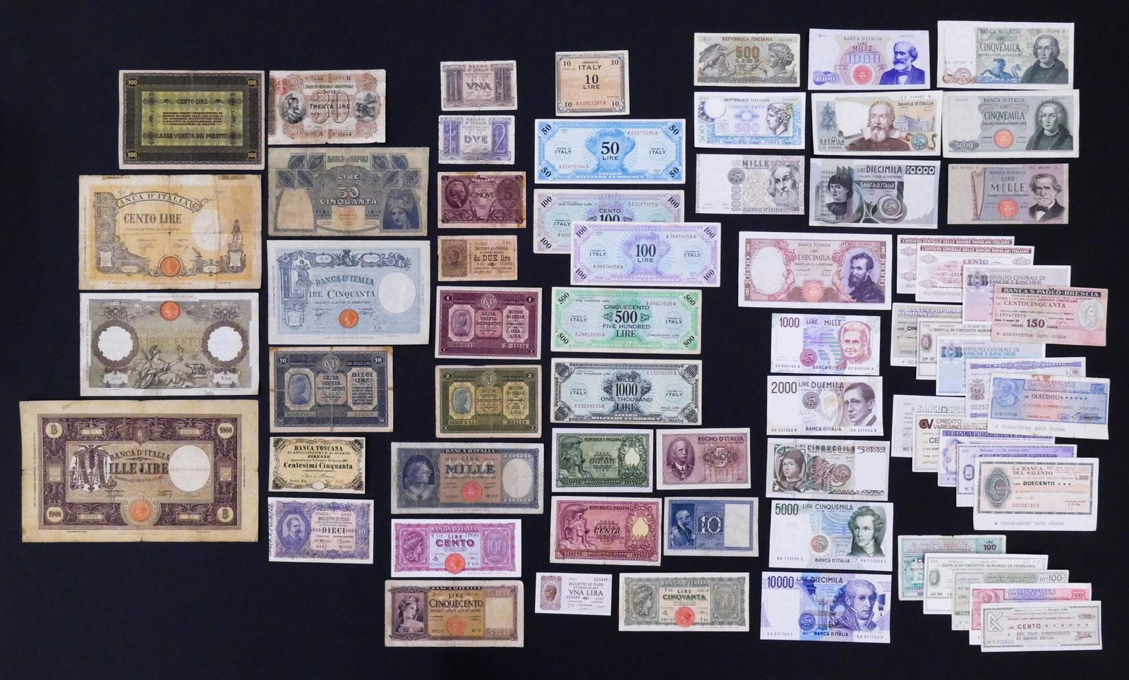 Italy. 65pc 1874-1984: Italy & Italian States. 65pc 1874-1984. Includes Credito Agricolo Industriale Sardo, (21pc) Banca D'Italia, (4pc) Cassa Veneta dei Prestiti, (10pc) Biglietto Di Stato, Banca Toscana, Banco Di Napoli,