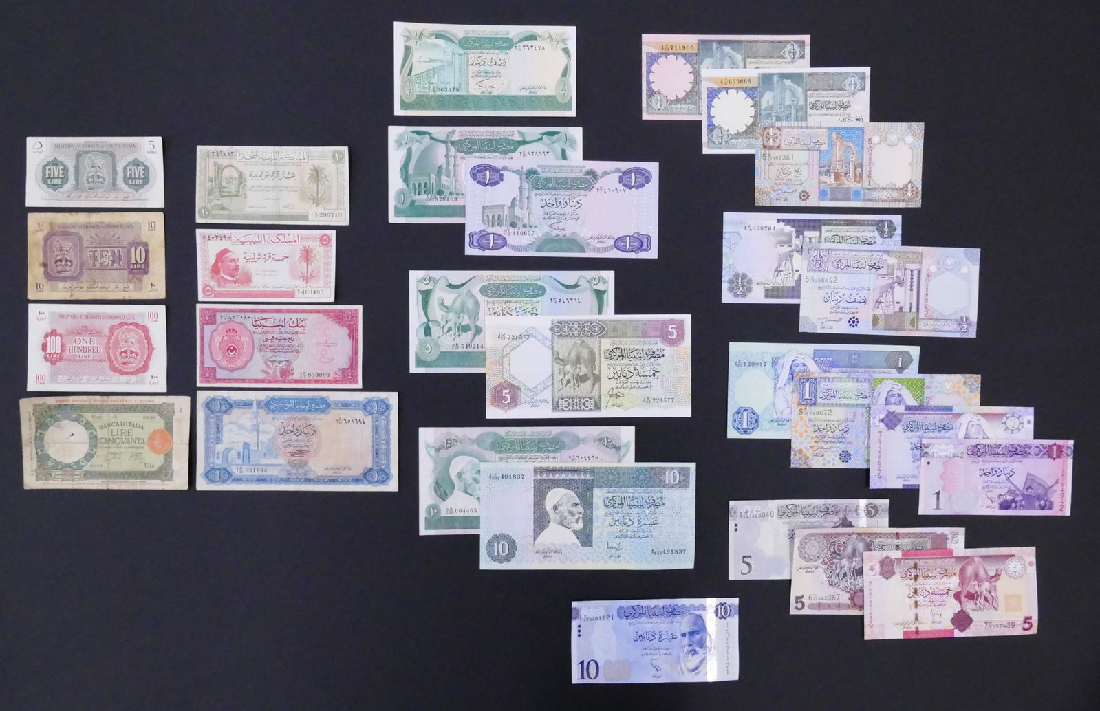 Libya. 28pc 1939-2015: Libya. 28pc 1939-2015. Includes 3pc Military Authority Tripolitania ND(1943) 5,10,and 100 Lire Pick M3,4,6. Banca d'Italia 50 Lire 1939 Serie Speciale Africa Orientale Italiana,