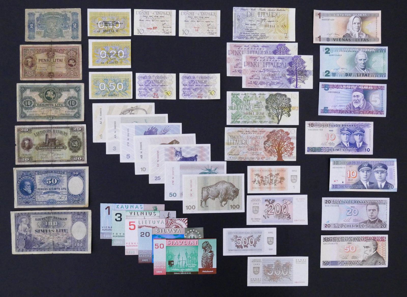 Lithuania. 41pc 1922-2007: Lithuania. 41pc 1920-2007. Includes 6pc notes 1922-1930. Bank of Lithuania 10 Litu 1993 Pick 56a, and uncirculated notes 1991-2007