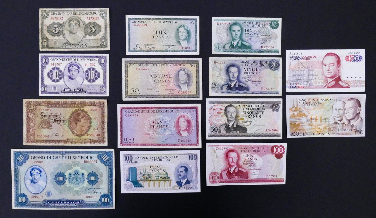 Luxembourg. 14pc 1943-1981: Luxembourg. 14pc 1943-1981. Includes Grand-Duche de Luxembourg Frang 1943-44 100 Francs ND(1943) Pick 42, 43,44, and 47.