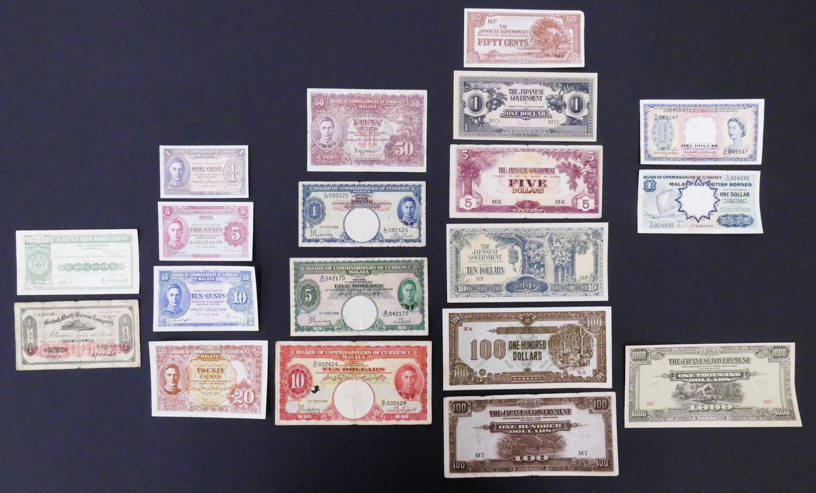 Malaya & British Borneo. 19pc 1936-1959: Malaya & British Borneo. 19pc 1936-1959. British North Borneo Company 1 Dollar 1.1.1936 Pick 28, 50 Cents 1938 Pick 27, 8pc 1941 Notes Pick 6-13, 7pc Japanese Occupation Pick M4-10