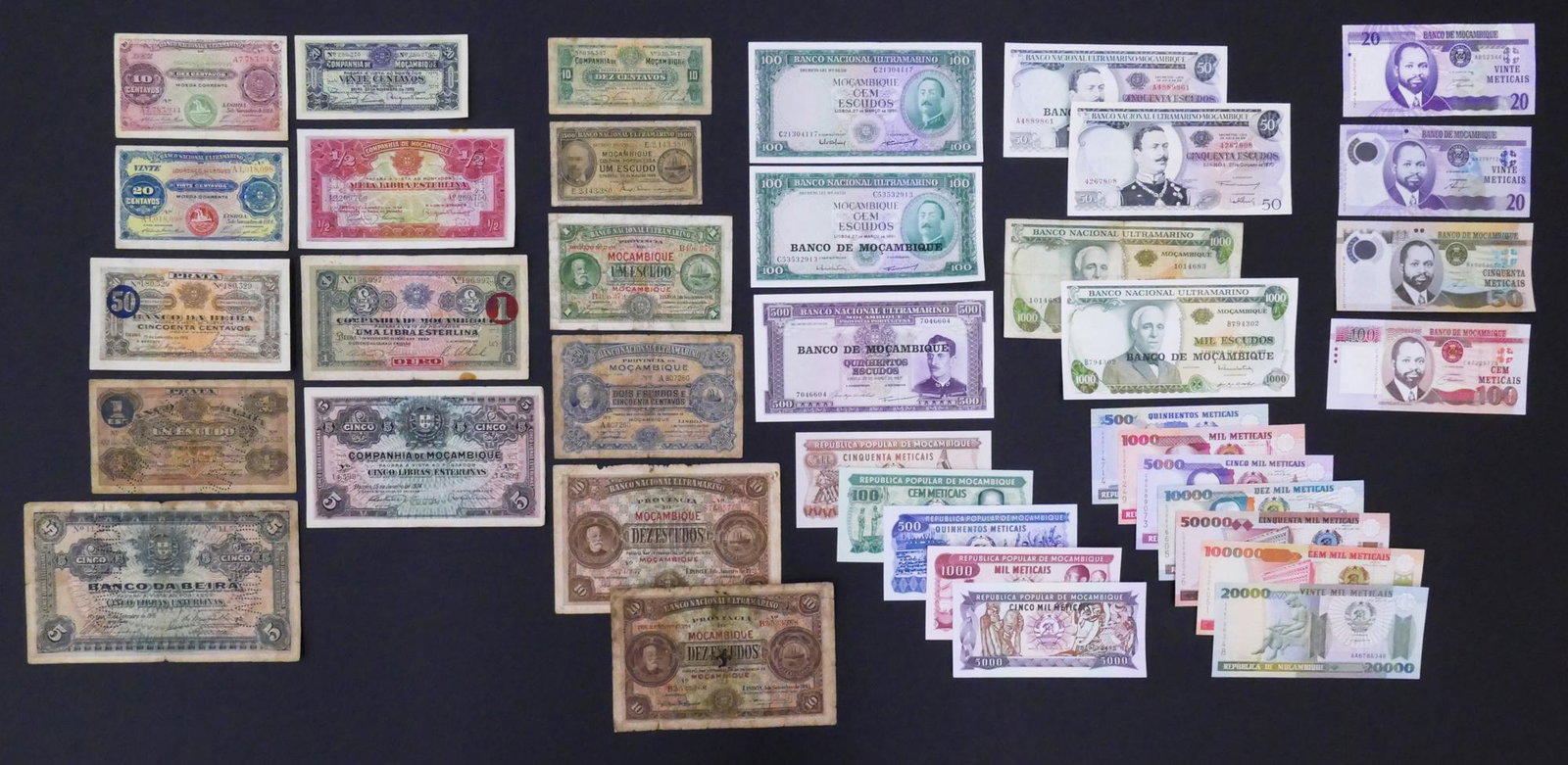 Mozambique. 38pc 1914-2011 w/ 6pc Cancelled: Mozambique. 38pc 1914-2011. Includes 2pc 1919 Roulette Cancelled Notes, 4pc Cancelled 1930-1934 notes dated 5.11.1942, Banco Nacional Ultramarino Louren‡o Marques 10 & 20 Centavos ND(1921) on 5.11.1