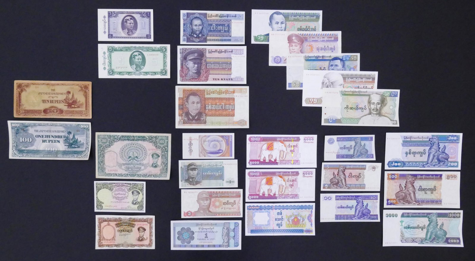 Myanmar, Burma. 30pc 1942-1994: Myanmar, Burma. 30pc 1942-1994. Includes 2pc Japanese Government 1942 10 Rupees Pick 16 and 1944 100 Rupees Pick 17, 2pc People's Bank of Burma, 8pc Union of Burma Bank, 13pc Central Bank of Myanmar.