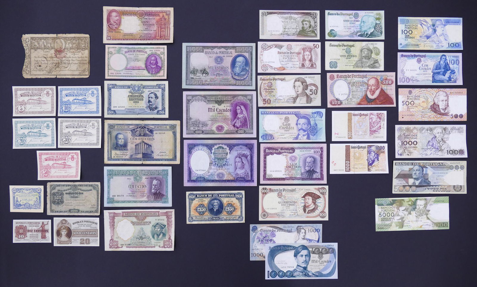 Portugal. 39pc 1828-1998: Portugal. 39pc 1828-1998. Includes Imperial Treasury 10000 Reis 1828 Pick 41a, Banco de Portugal 2 1/2 Escudos 17.11.1922 Pick 133, 5pc 1920's UNC Hospital De S. Jose Centavo Emergency Notes, 3pc UNC 