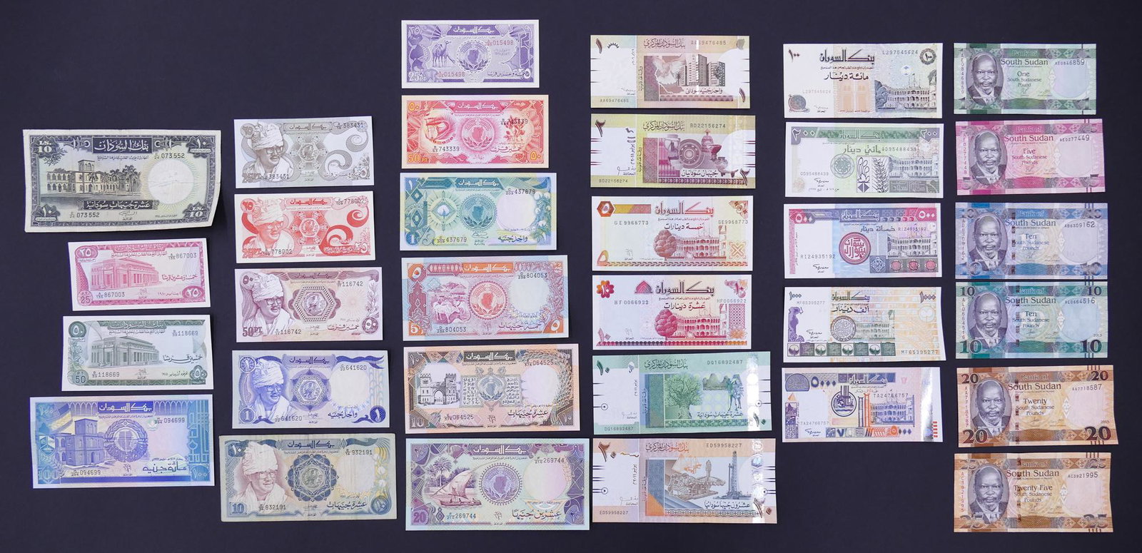 Sudan & South Sudan. 32pc 1964-2015: Sudan & South Sudan. 32pc 1964-2015. Includes 26pc Sudan 1968-2011 with Bank of Sudan 10 Pounds 1964 Pick 10, 6pc 2015 South Sudan (UNC).