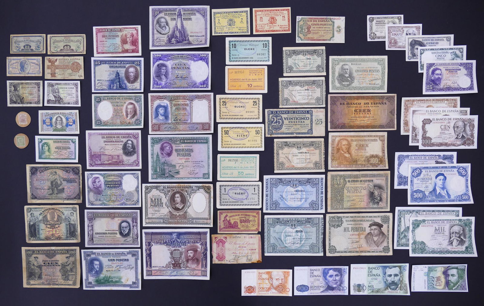 Spain. 64pc 1906-1992: Spain. 64pc 1906-1992. Includes Banco de Espana 1000 Pesetas 9.1.1940 (ND 1943) Pick 120a.