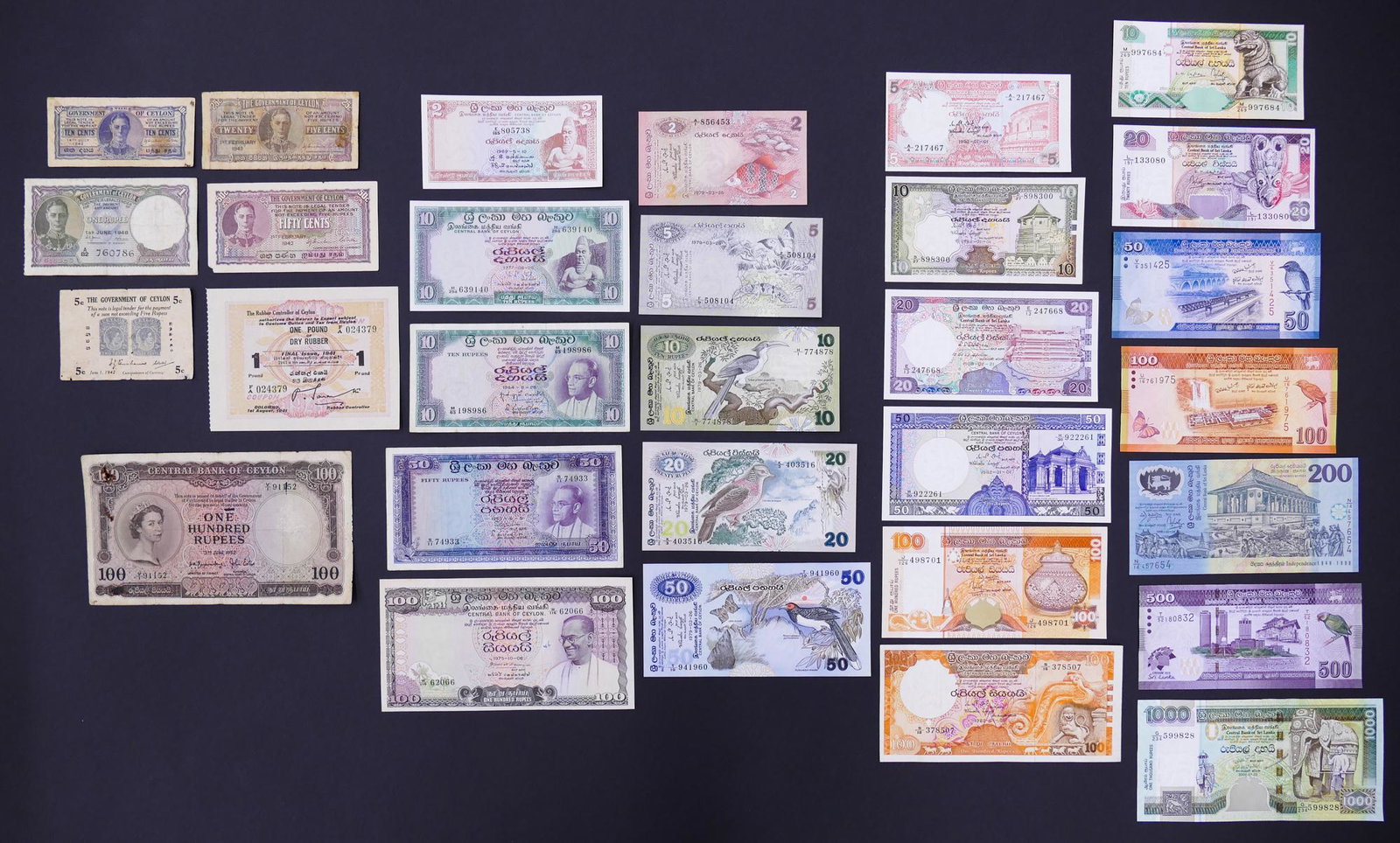 Sri Lanka, Ceylon. 30pc 1941-2013: Sri Lanka, Ceylon. 30pc 1941-2013. Includes Rubber Controller of Ceylon 1000 Pounds-Dry Rubber 1.8.1941, Government of Ceylon 5 Cents 1.6.1942 Pick 42, Central Bank of Ceylon 100 Rupees 3.6.1952 Pick 