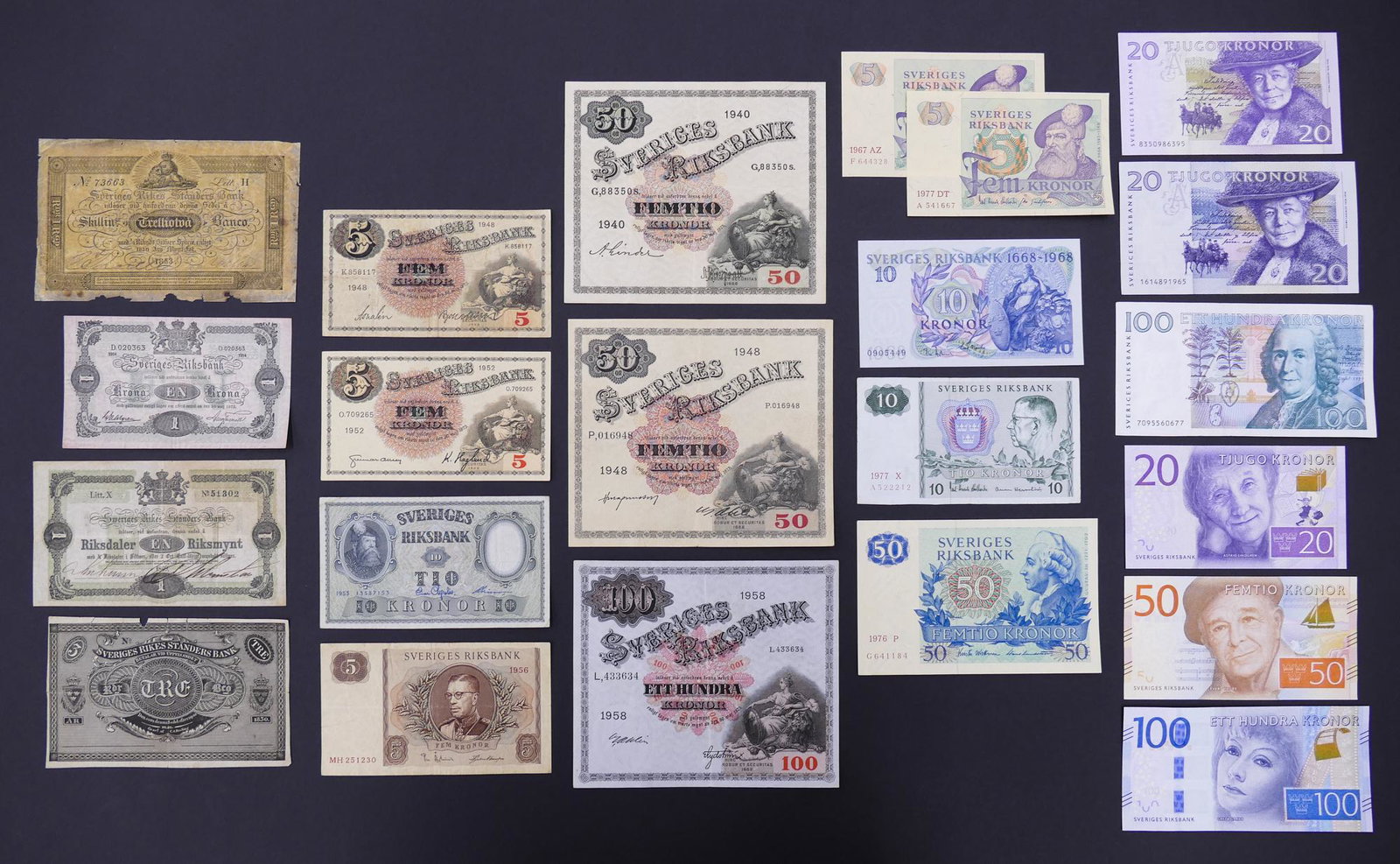 Sweden. 22pc 1830-2015: Sweden. 22pc 1830-2015. Includes Sveriges Rikes Standers Bank 32 Skilling Banco 1853 A123c, 1869 1 Riksdaler Pick A139a, 1914 1 Krona Pick 2a.