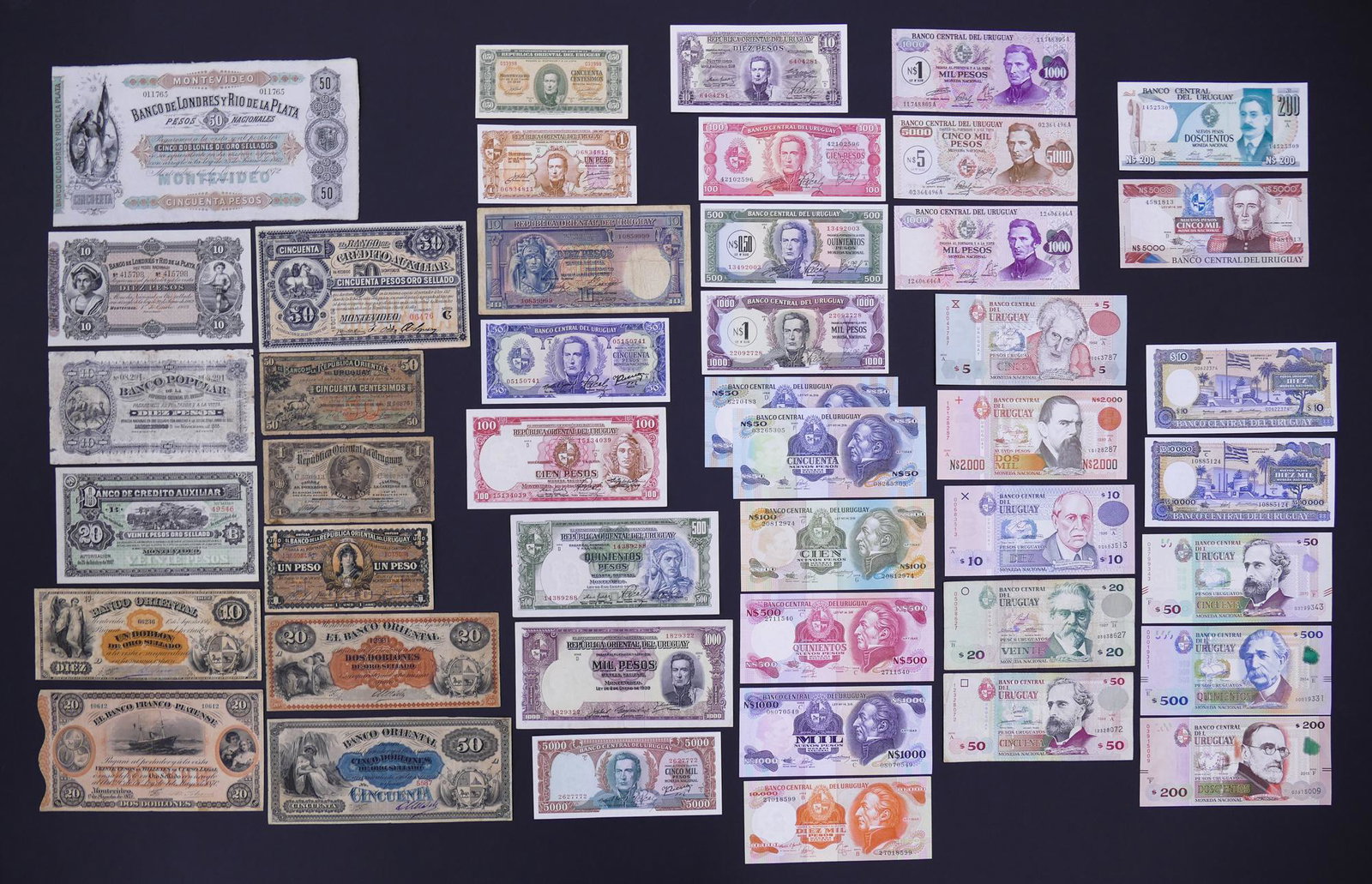 Uruguay. 45pc 1872-2015: Uruguay. 45pc 1872-2015. Includes Banco de Londres y Rio de la Plata 50 Pesos 1.1.1872 Pick 238, Banco Franco-Platense 20 Pesos = 2 Doblones 1.8.1871 Pick S173, 6pc Banco Oriental