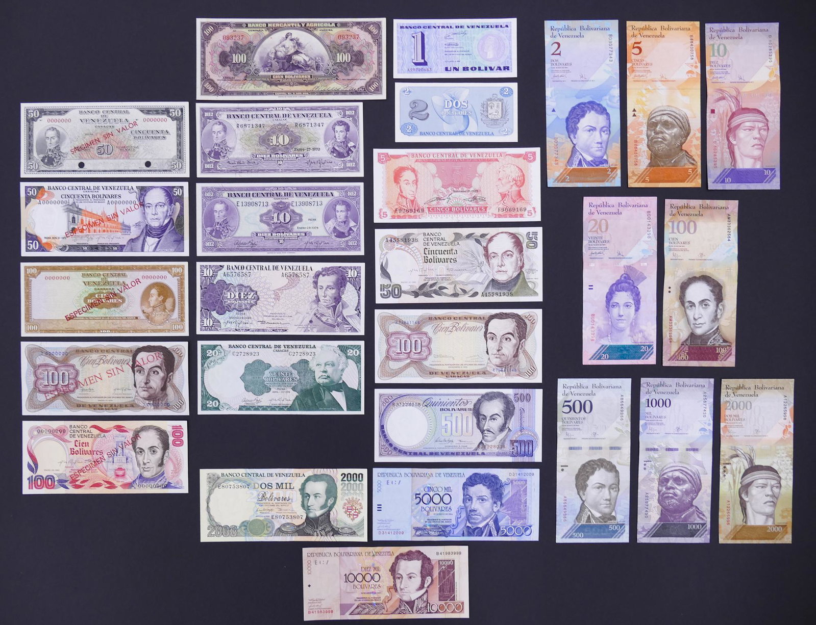 Venezuela. 27pc 1929-2016 w/ Specimens: Venezuela. 27pc 1929-2016. Includes 5pc Specimens 1963-1980. All notes UNC