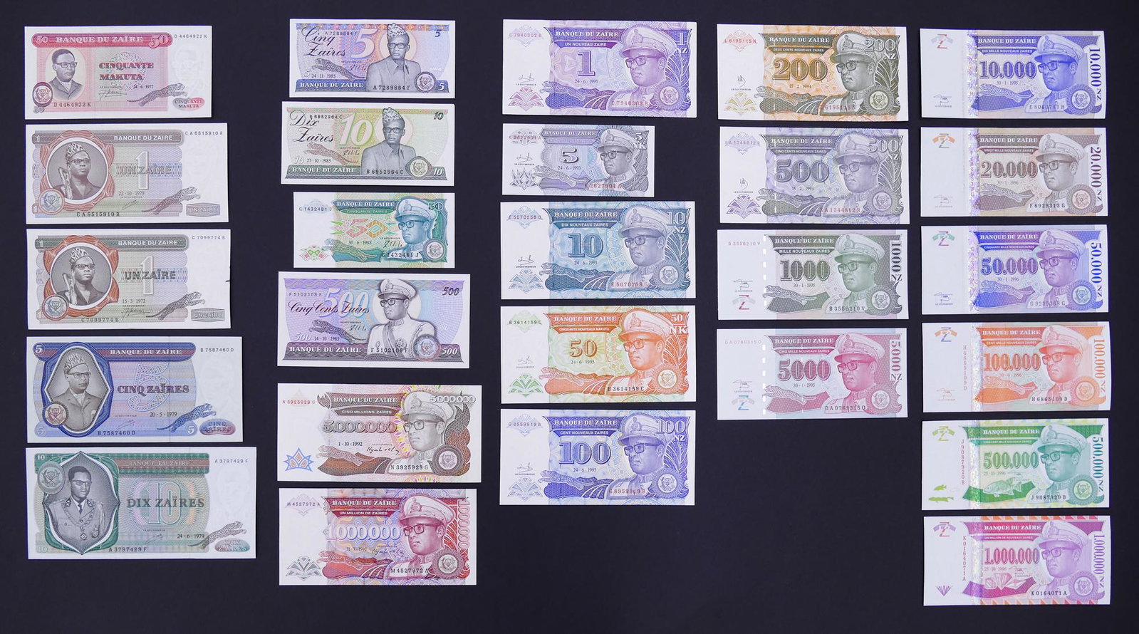 Zaire. 26pc 1972-1996: Zaire. 26pc 1972-1996. All notes UNC