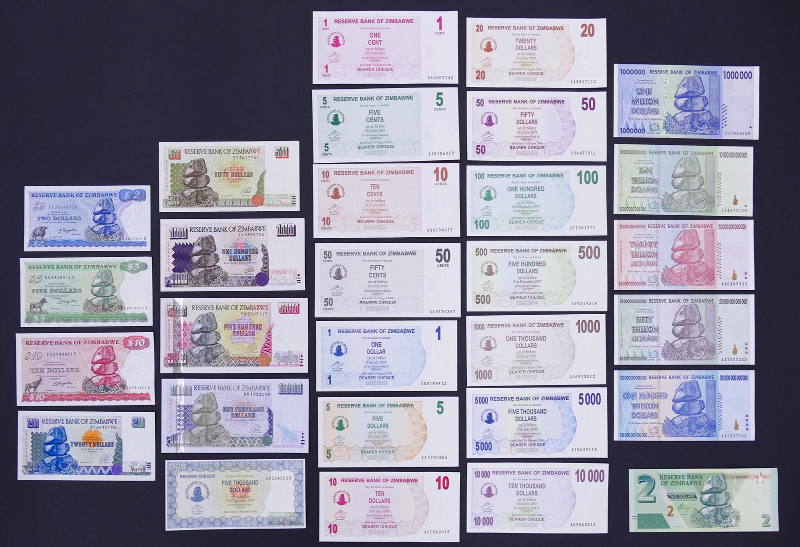 Zimbabwe. 29pc 1980-2016: Zimbabwe. 29pc 1980-2016. Includes inflation notes from 2007 (14pc) and 2008(5pc) with Reserve Bank of Zimbabwe 100 Trillion Dollars 2008 Pick 91.