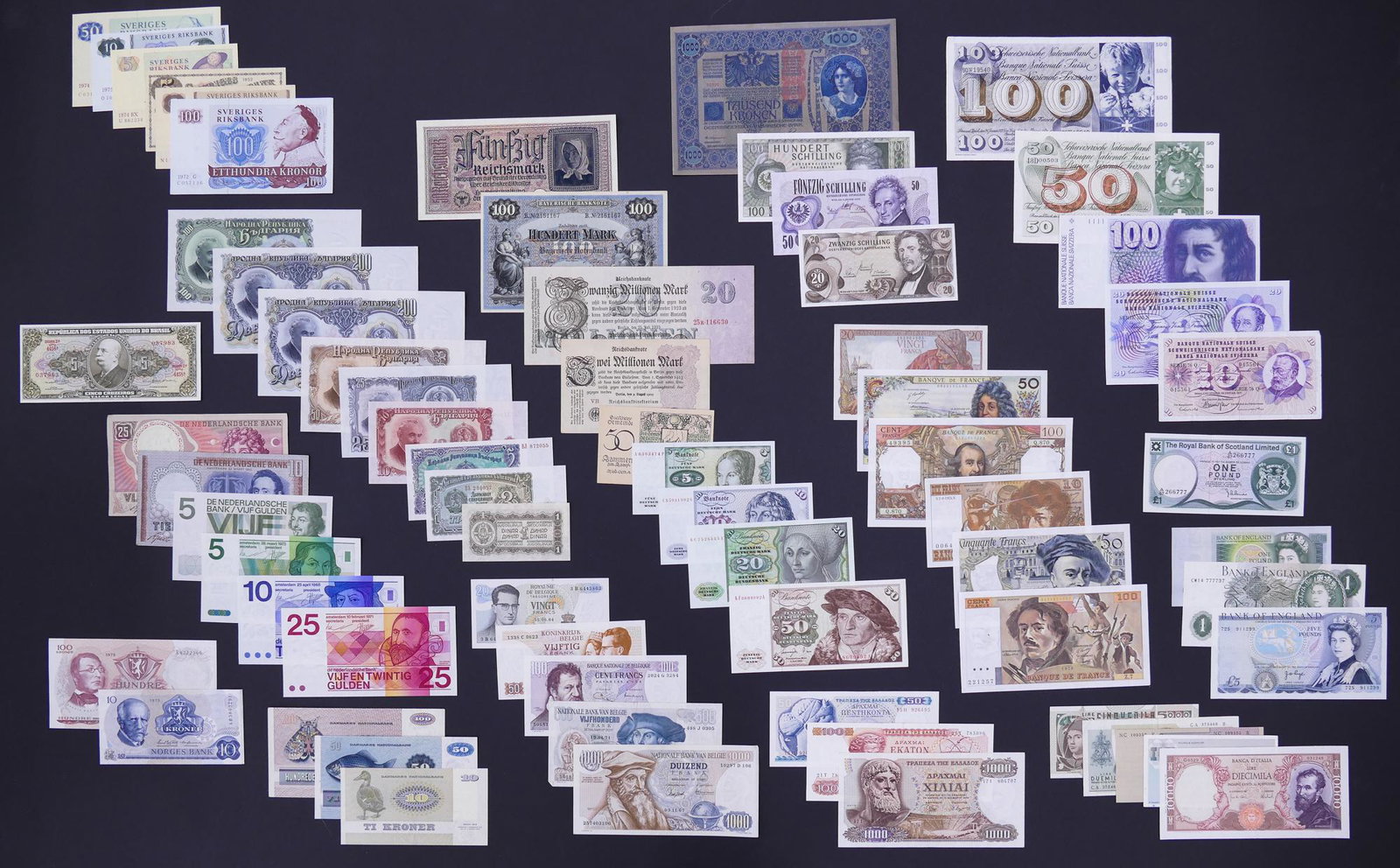 68pc MISC World Currency 1902-1975: 68pc MISC World Currency 1902-1975. Most UNC. Includes banknotes from Brasil, Greece, Bulgaria, Yugoslavia, Austria, Norway, Sweden, Denmark, Belgium, Switzerland, Italy, France, England, Scotland, Ge