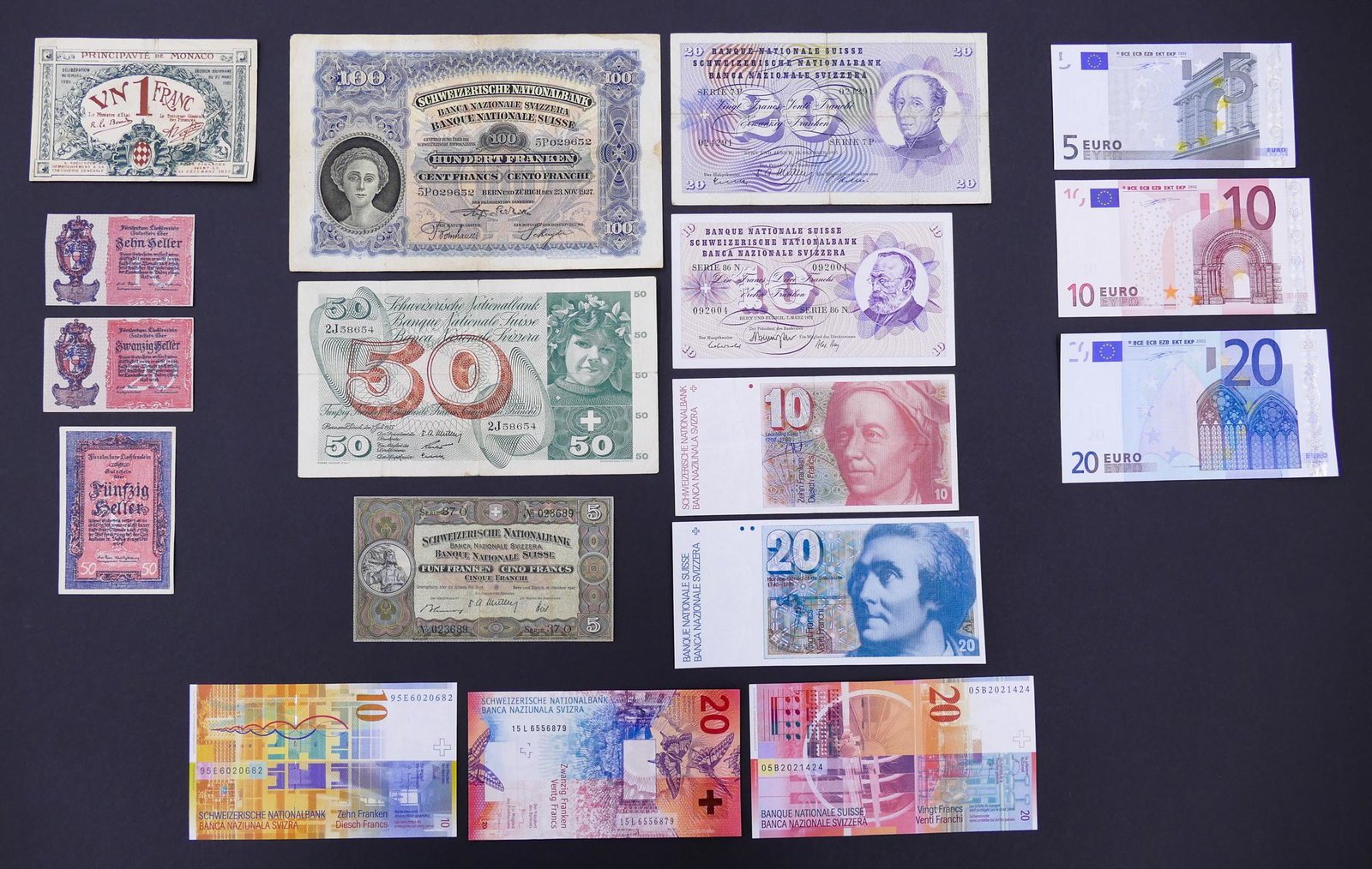 17pc MISC Europe Banknotes 1920-2002: 17pc MISC Europe Banknotes 1920-2002. Includes notes from Monaco (1pc), Liechtenstein (3pc), Switzerland (10pc), and 3pc 2002 Euros (35 Euro Value)