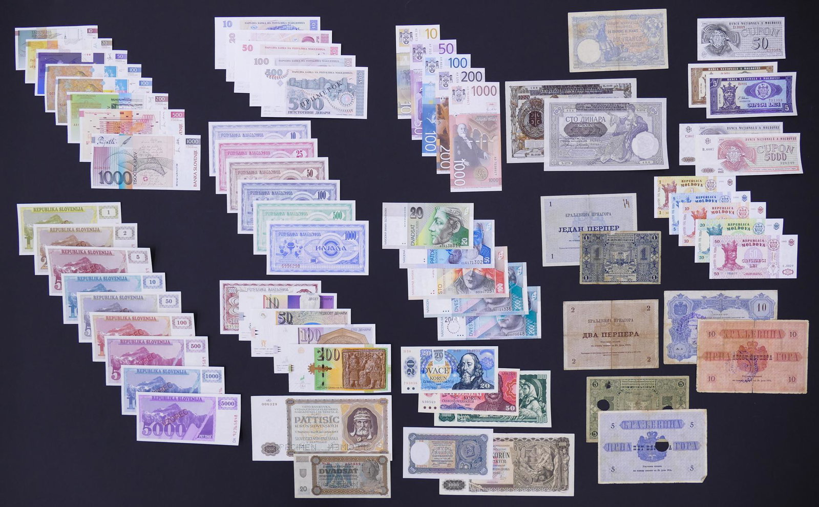 70pc Eastern Europe Banknotes 1893-2016: 70pc Eastern Europe Banknotes 1893-2016. Some specimens. Includes 8pc Serbia (1893-2011), 7pc Montenegro (1912-14), 12pc Slovakia (1939-2000 w/ 2pc Specimens 1939 & 1944), 17pc Slovenia (1990-92 w/ 9p