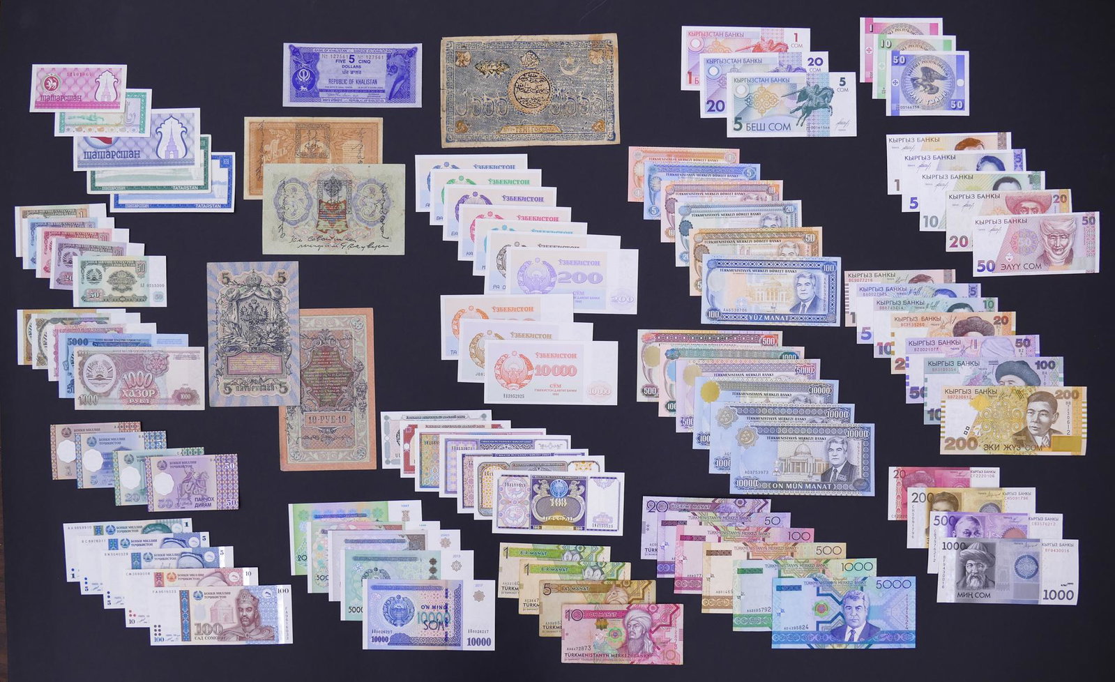 Central Asia. 96pc 1893-2017: Central Asia. 96pc 1893-2017. Includes 19pc Tajikistan (1994-99), 4pc Tannu Tuva (1898-1909 overstamped Russian notes), 5pc Tatarstan (1991-96), 22pc Turkmenistan (1993-2012), 1pc Khalistan 5 Dollars 