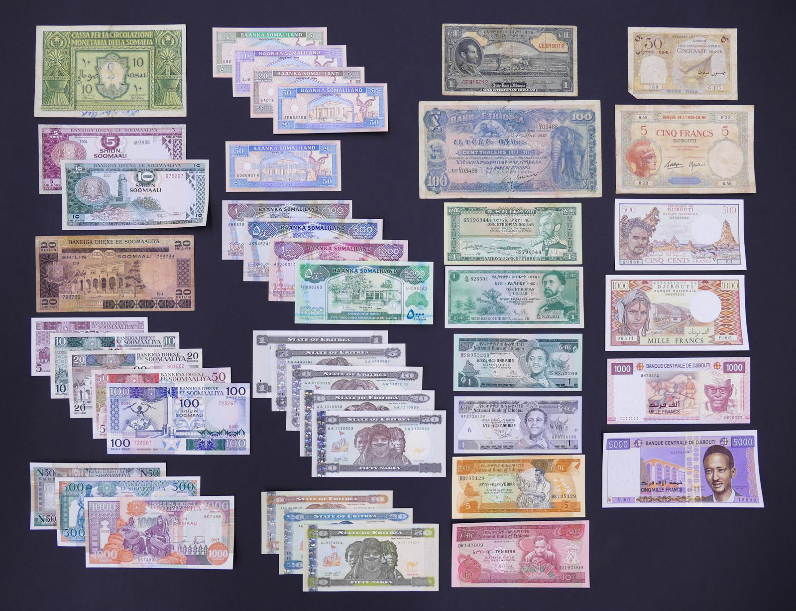 East Africa. 43pc 1932-2012: East Africa. 43pc 1932-2012. Includes 8pc Eritrea (1997-2012), 8pc Ethiopia (1932-1997), 6pc Djibouti (1943-1997), 12pc Somalia (1950-1990), and 9pc Somaliland (1994-2011 with 1pc 1996 'Sanad Gurada 5