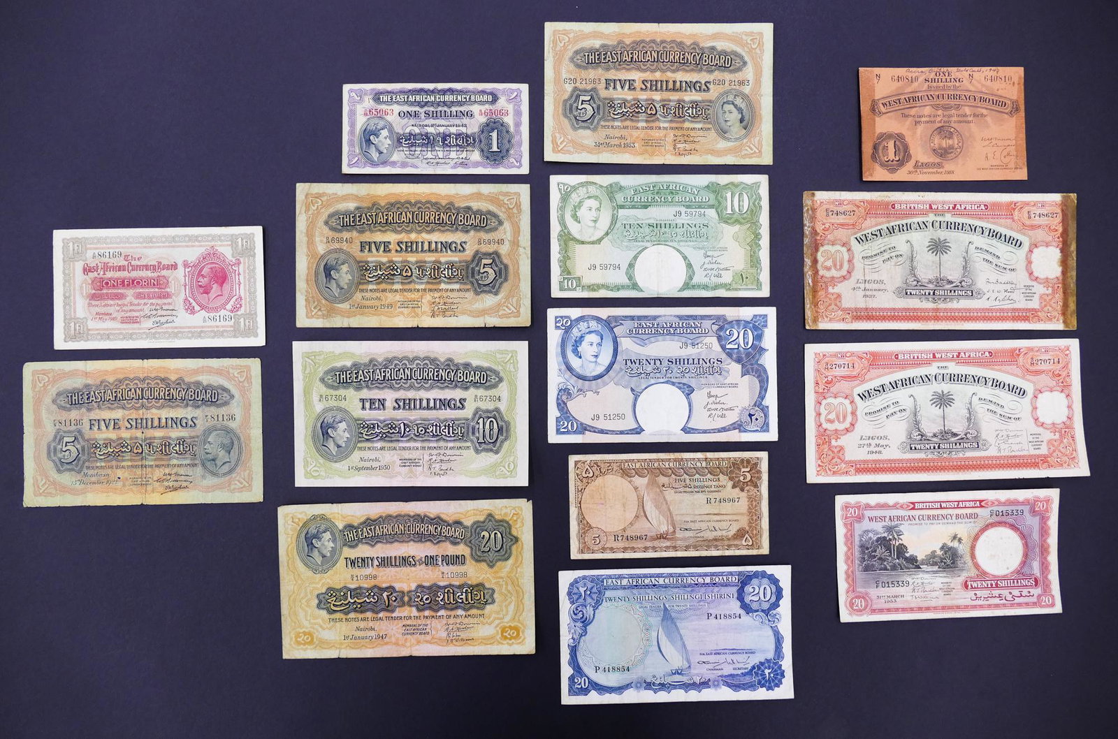 British East & West Africa. 15pc 1918-1964: British East & West Africa. 15pc 1918-1964. Includes 11pc British East Africa (1920-1964) and 4pc British West Africa (1918-1953). All notes are ungraded and circulated.