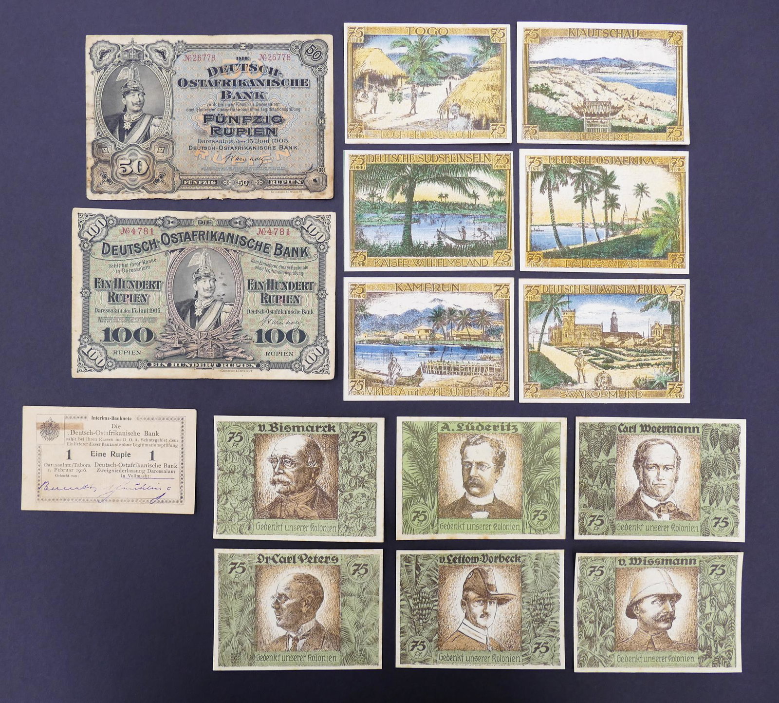 German East Africa. 15pc 1905-1921: German East Africa. 15pc 1905-1921. Includes 2pc 1905 50 & 100 Rupien notes, 1pc 1916 1 Rupie, and 12pc 1922 German African Colony Notgeld.
