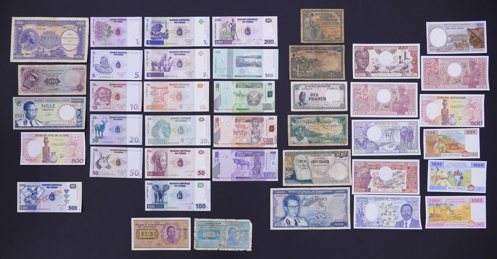 Central Africa. 40pc 1944-2010: Central Africa. 40pc 1944-2010. Includes 6pc Belgian Congo (1944-58), 21pc Congo (1962-2010 w/ 1pc 2002 500F Specimen), 2pc Katanga (1960), 2pc Cameroon (1974-86), 3pc Chad (1974-80), and 6pc Central 
