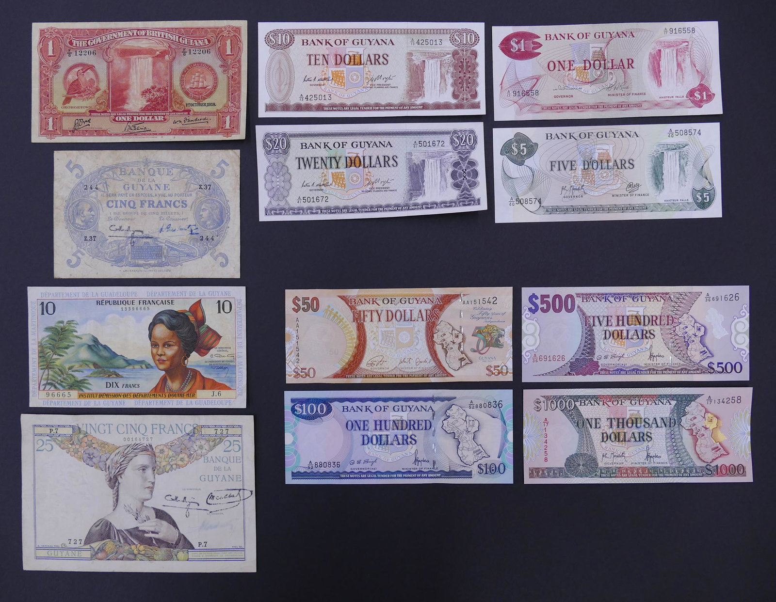 Guyana, British & French Guiana. 12pc 1922-1996: Guyana, British Guiana, and French Guiana. 12pc 1922-1996. Includes 1pc 1938 British Guiana, 3pc French Guiana & Antilles (1922-1964), and 8pc Guyana (1966-1996).
