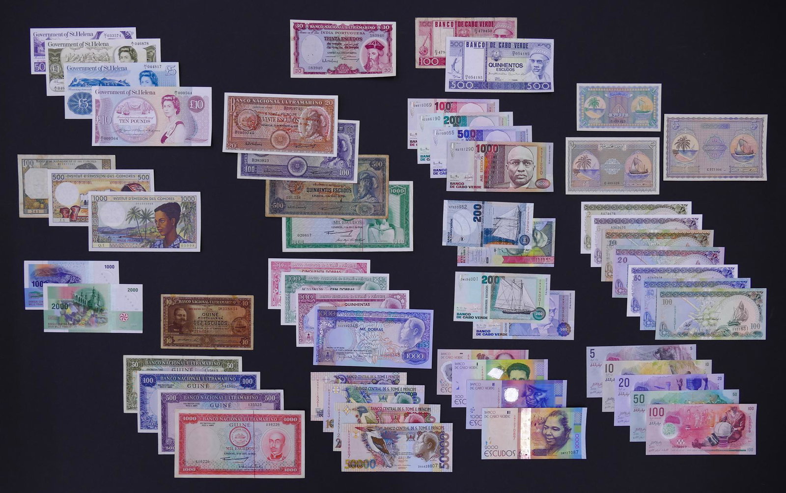 Island Nations & Africa. 56pc 1937-2017: Island Nations & Portuguse Africa & India. 56pc 1937-2017. Includes 5pc Comoros (1960-2005), 4pc 1976 St Helena, 5pc Portuguese Guinea-Bissau (1937-1971), 1pc 1959 Portuguese India, 12pc St Tome (1958