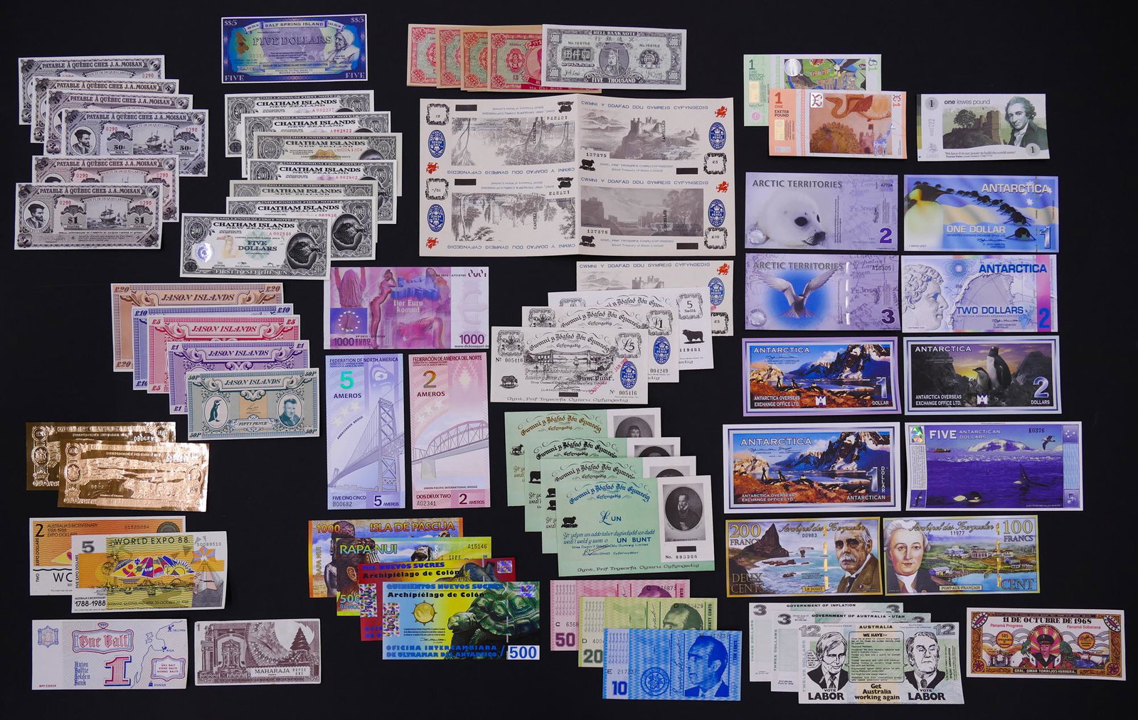 67pc Group MISC Fantasy Money: 67pc Group MISC Fantasy Money. Includes 8pc Antarctica, Welsh notes, Lewes Pound, Exeter Pound, Bristol Pound, 6pc Chez Moisan Quebec notes, World Expo notes, Hell notes, Federation of North America, 