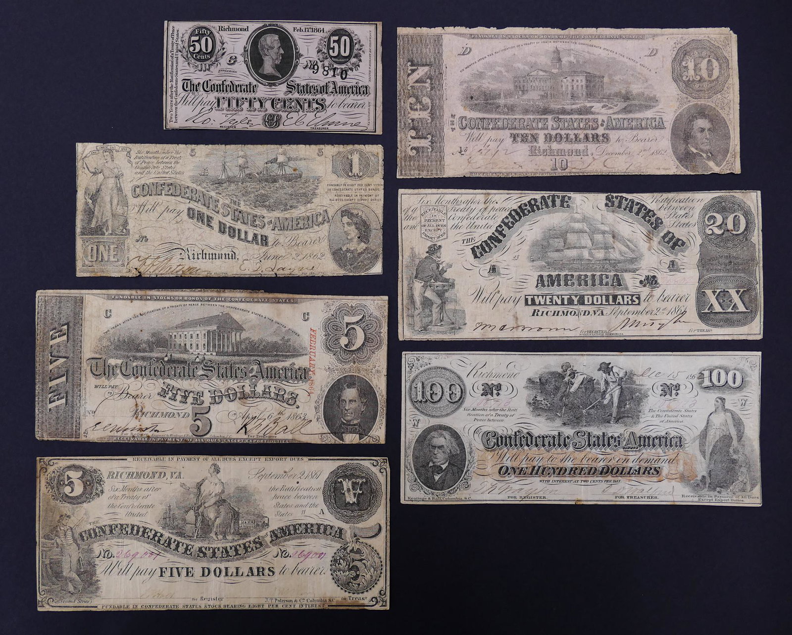 7pc Confederate States of America Civil War Notes: 7pc Confederate States of America Civil War Banknotes. 1861-64.