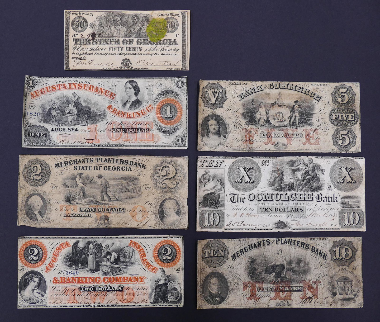 7pc Antique State of Georgia Banknotes. 1834-1863: 7pc Antique State of Georgia Banknotes. 1834-1863. Includes Augusta Insurance & Banking Co, Merchants and Planters Bank, Bank of Commerce, and The Occmulgee Bank.