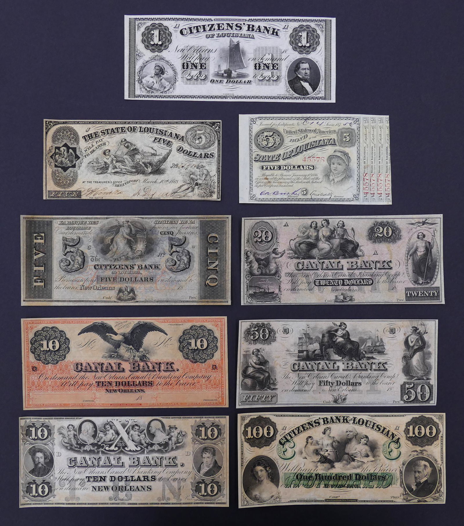 9pc Antique State of Louisiana Banknotes: 9pc Antique State of Louisiana & New Orleans Banknotes. Includes 7pc Remainders from Citizen's Bank of Louisiana and New Orleans Canal Bank. 2pc State of Louisiana 5 Dollar notes (1863 & 1875).