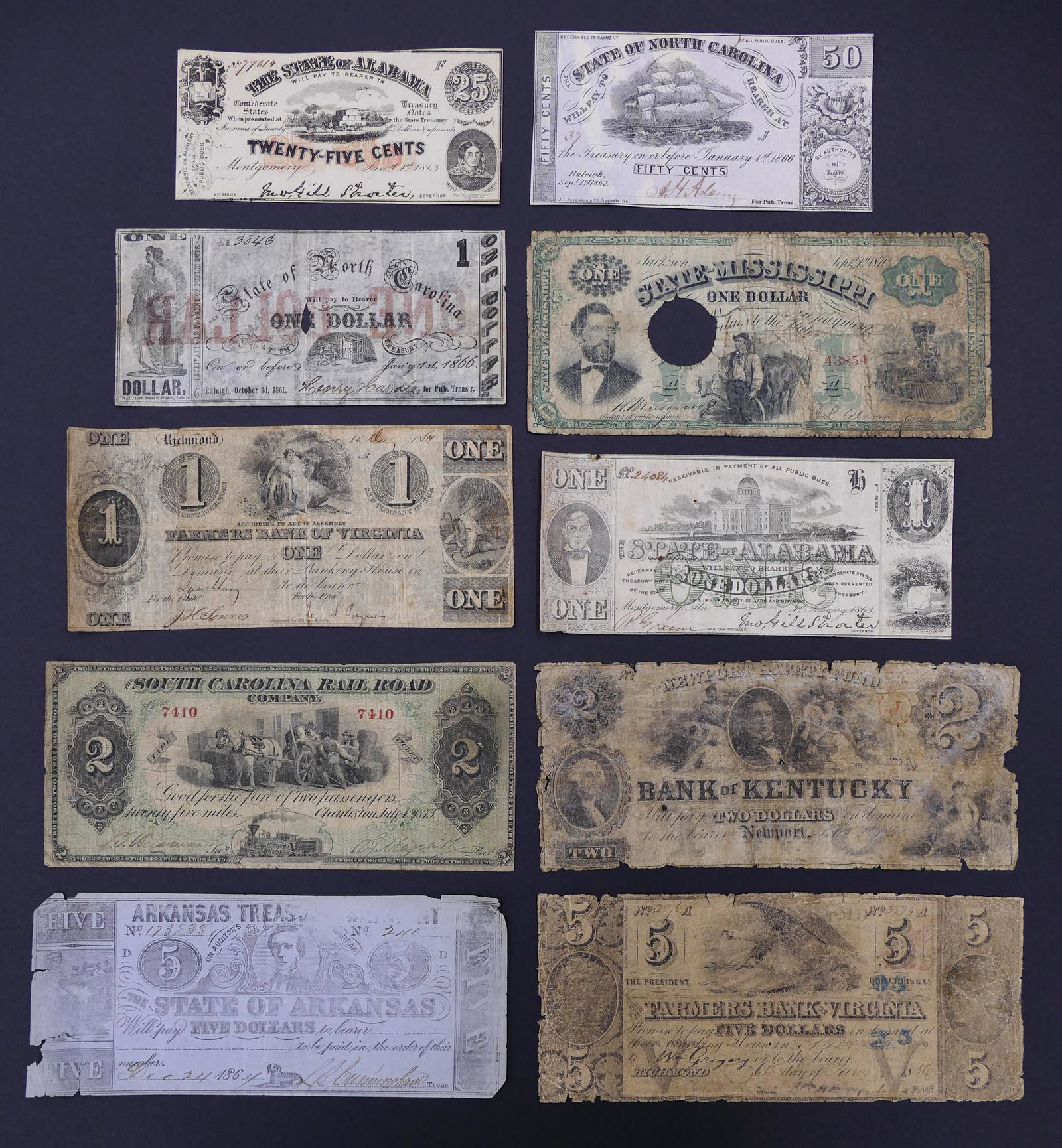 10pc Antique United States Southern State Notes: 10pc Antique United States Southern State Banknotes. 1852-1873. Includes notes from State of Mississippi (1870), Bank of Kentucky (1852), South Carolina Railroad (1873), State of Alabama (2pc 1863), S
