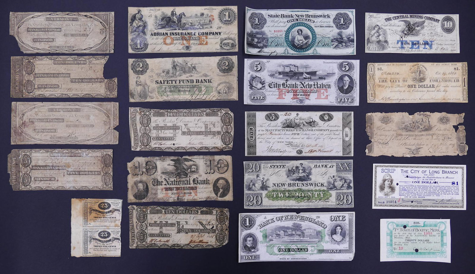 20pc Antique United States Northern State Notes: 20pc Antique United States Northern State Banknotes. 1819-1934. Includes 4pc Bank of Windsor Vermont notes, State of Michigan Adrian Insurance Company, Safety Fund Bank of Boston, Rhode Island, The Na