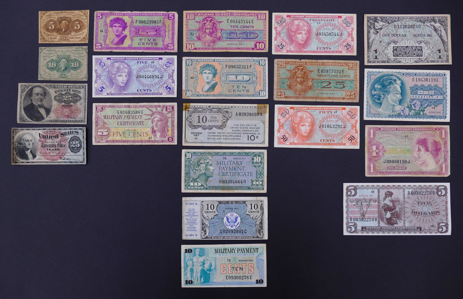 20pc United States Military & Fractional Currency: 20pc United States Military & Fractional Currency. Includes 16pc Military Notes, 2pc Fractional Currency, and 2pc Postal Currency.