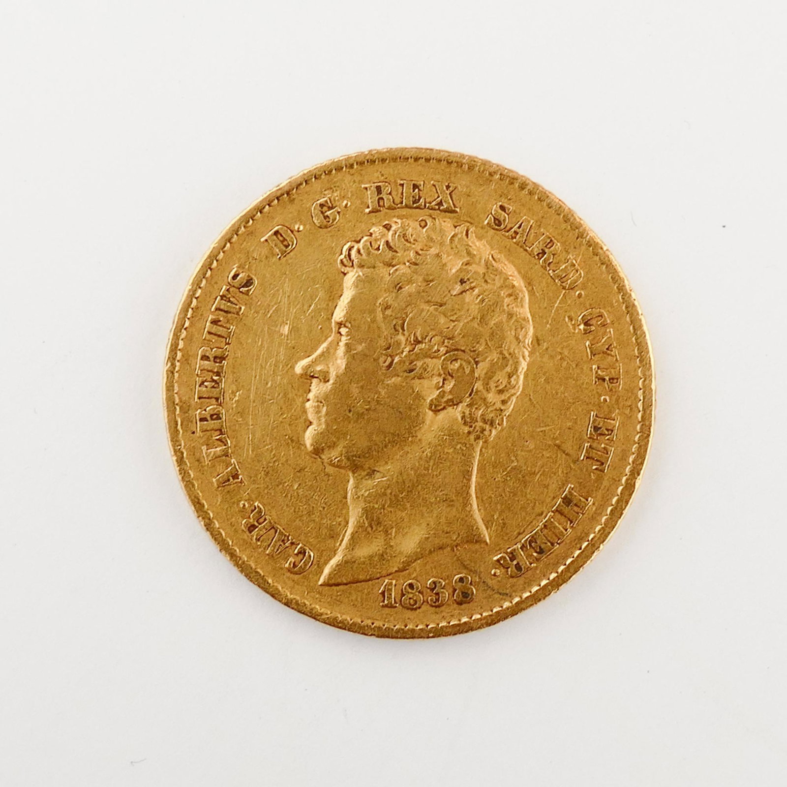 Sardinia. Carlo Alberto Gold 20 Lire 1838: Sardinia. Carlo Alberto Gold 20 Lire 1838. 6.43g, 22mm wide, 2mm thick. not graded.