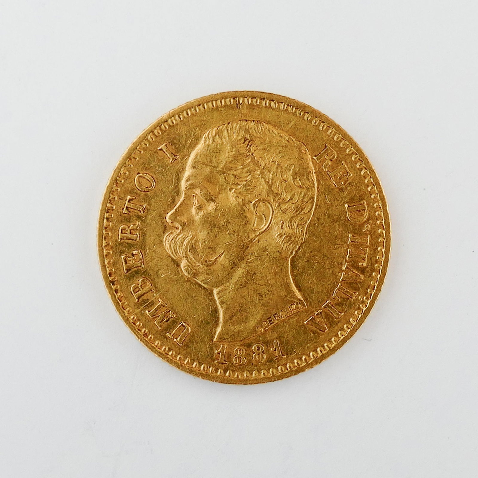 Italy. Umberto I Gold 20 Lire 1881-R: Italy. Umberto I Gold 20 Lire 1881-R. 6.44g, 22mm wide, 2mm thick. not graded.