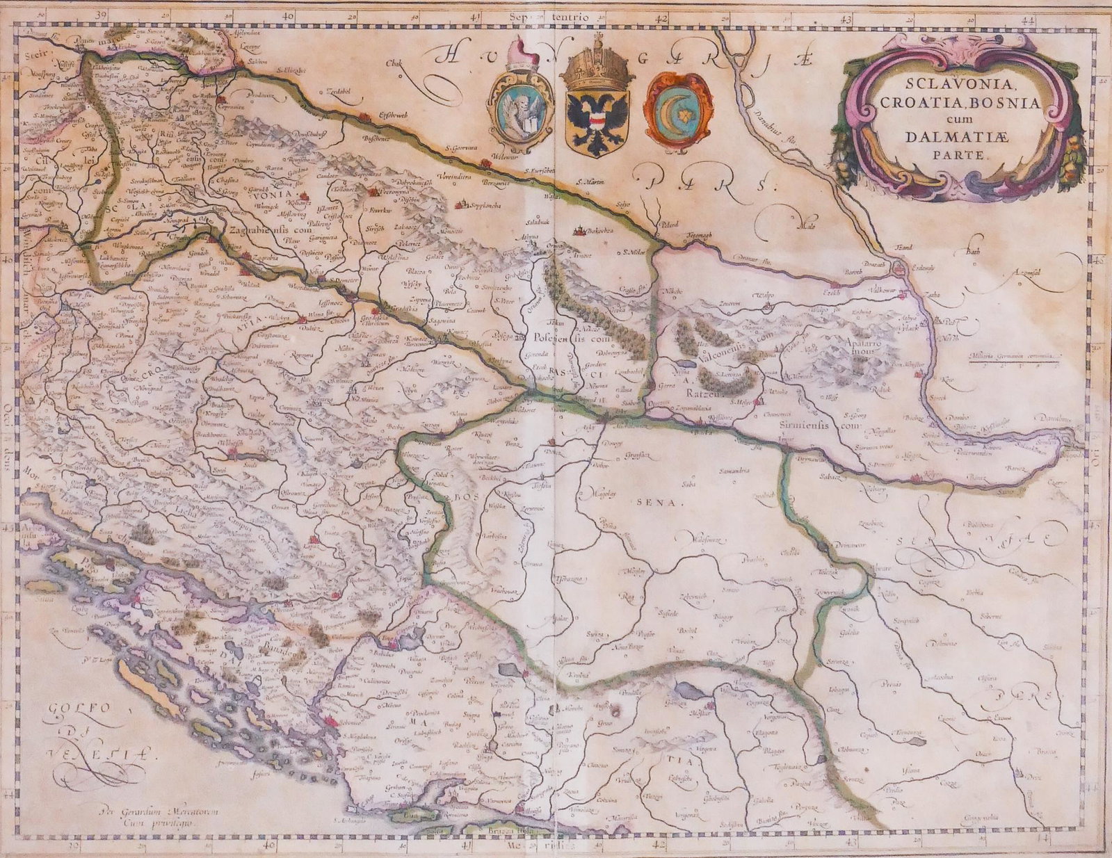 Jan Jansson, Antique Map of Dalmation Coast, 1657: Jan Jansson, Sclavonia, Croatia, Bosnia, cum Dalmatiae cum Dalmatiae Parte. Amsterdam, 1657. Antique Map depicting the Dalmation Coast from the Guld of Venice to Hungary. Toning throughout and scatter