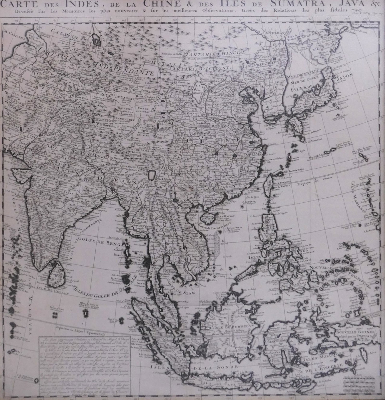 Henri Chatelain. Antique Map of Asia, 1719: Henri Chatelain, Carte des Indes, de la Chine & des Iles de Sumatra, Java &c. Amsterdam, 1719. Black and white map depicting Asia from India to the Pacific Islands. Map image measures 20x19.25''. Map 