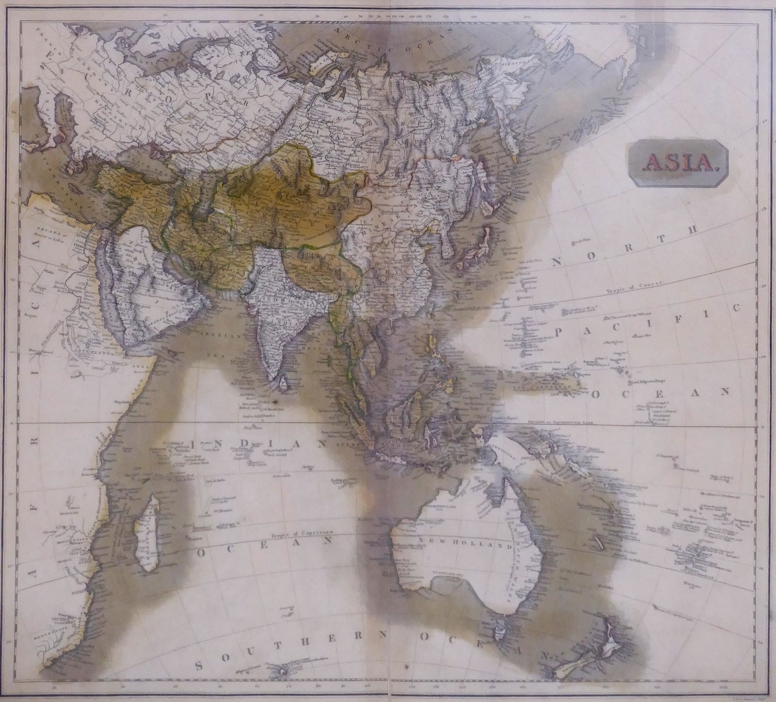 John Thomson, Antique Map of Asia, 1817: John Thomson, Asia [with Oceana]. Edinburgh, 1817. Antique map of Asia from East Africa to the Pacific Islands. Map image measures 17.75x20''. Professionally framed with overall dimensions of 24.25x27