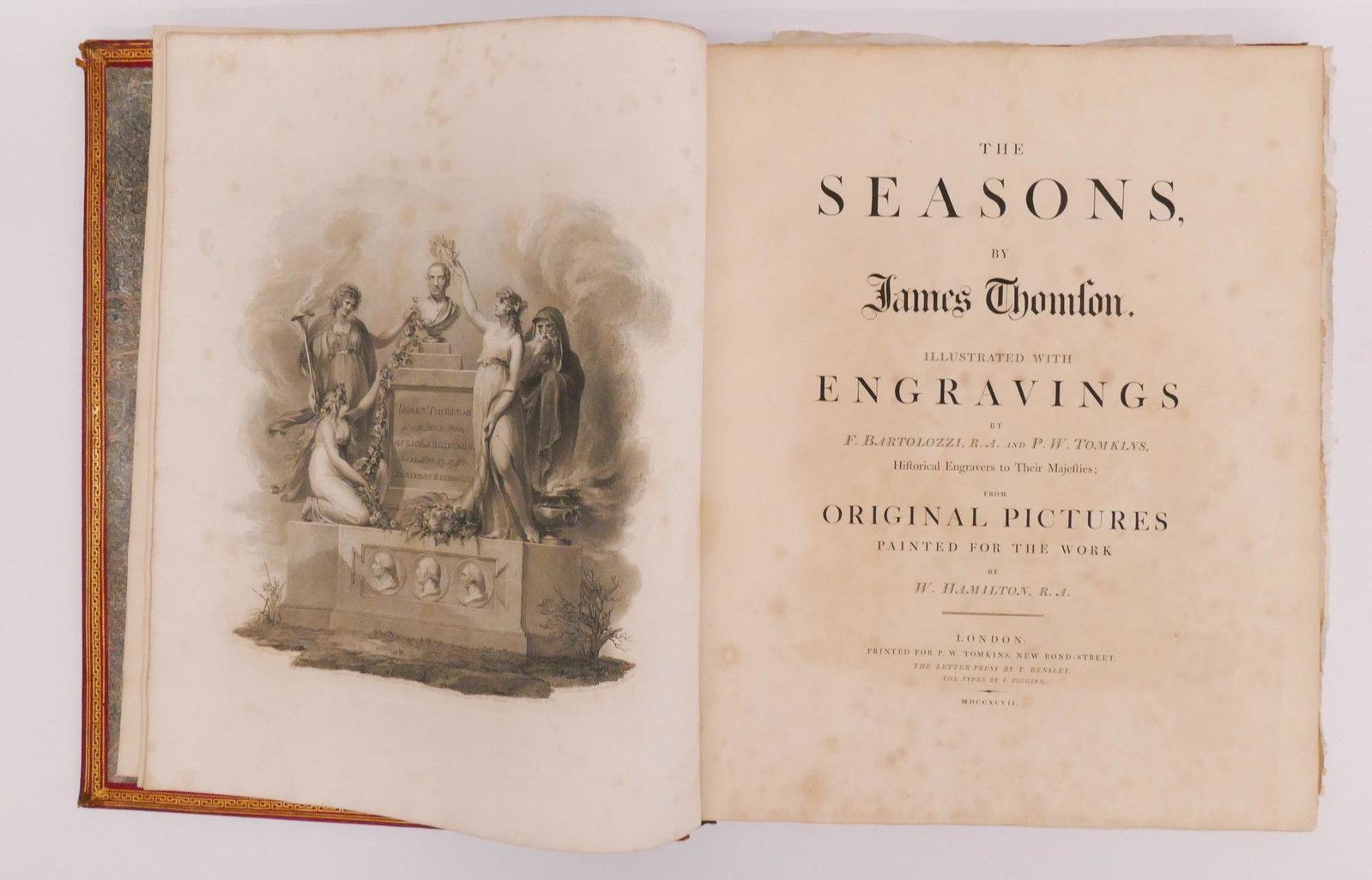 James Thomson, The Seasons. London 1797: James Thomson, The Seasons. London 1797. Folio size gilt leather bound book with the poems of James Thomson and illustrated by W. Hamilton with engravings by F. Bartolozzi & P.W. Tomkins. An engraved 