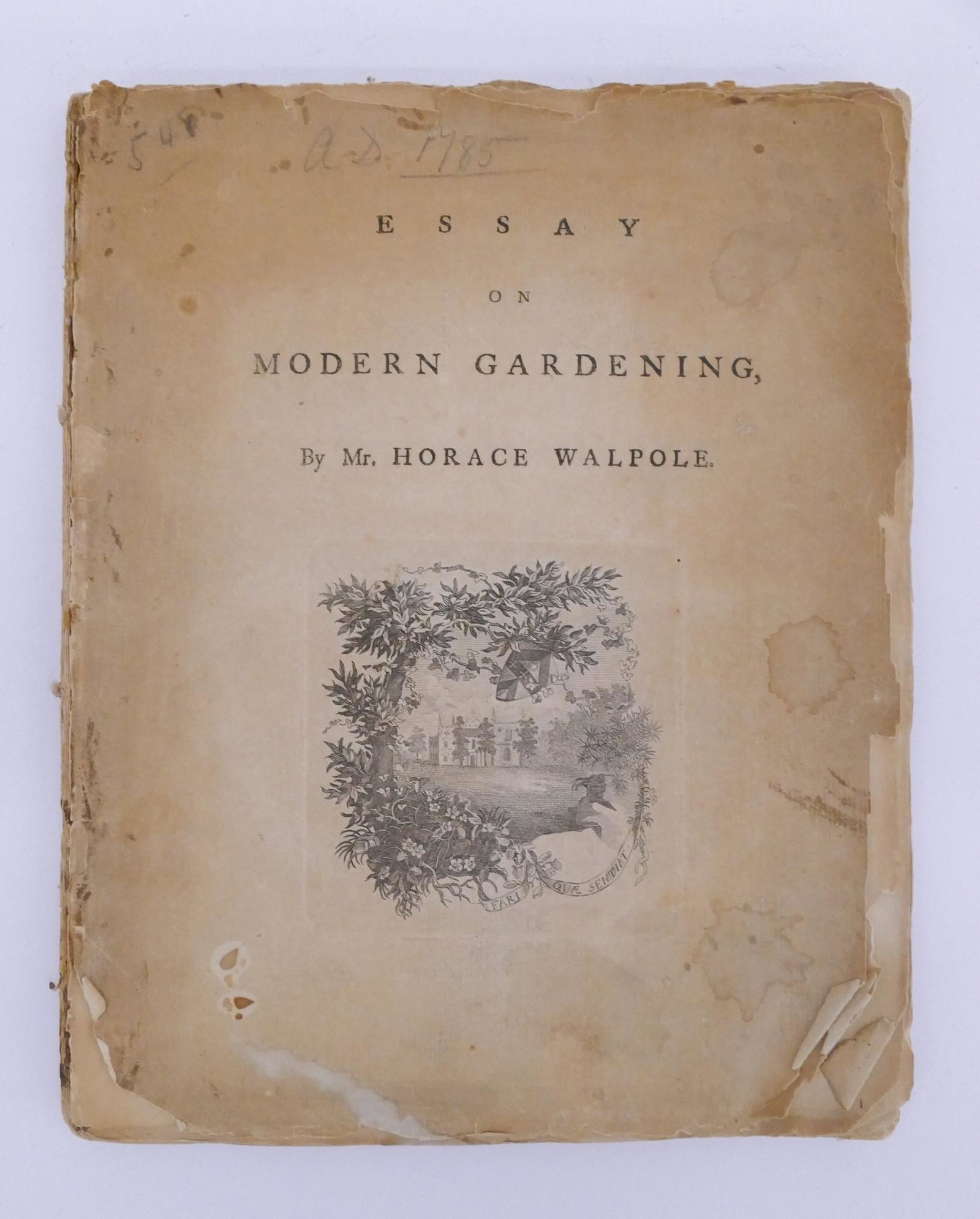 Horace Walpole, Essay on Modern Gardening. 1785: Horace Walpole, Essay on Modern Gardening. 1785. Antique book missing cover. Written in both english and french. 94pp. Toning and staining throughout with wear and damage around edges. Measures 9.5x8x