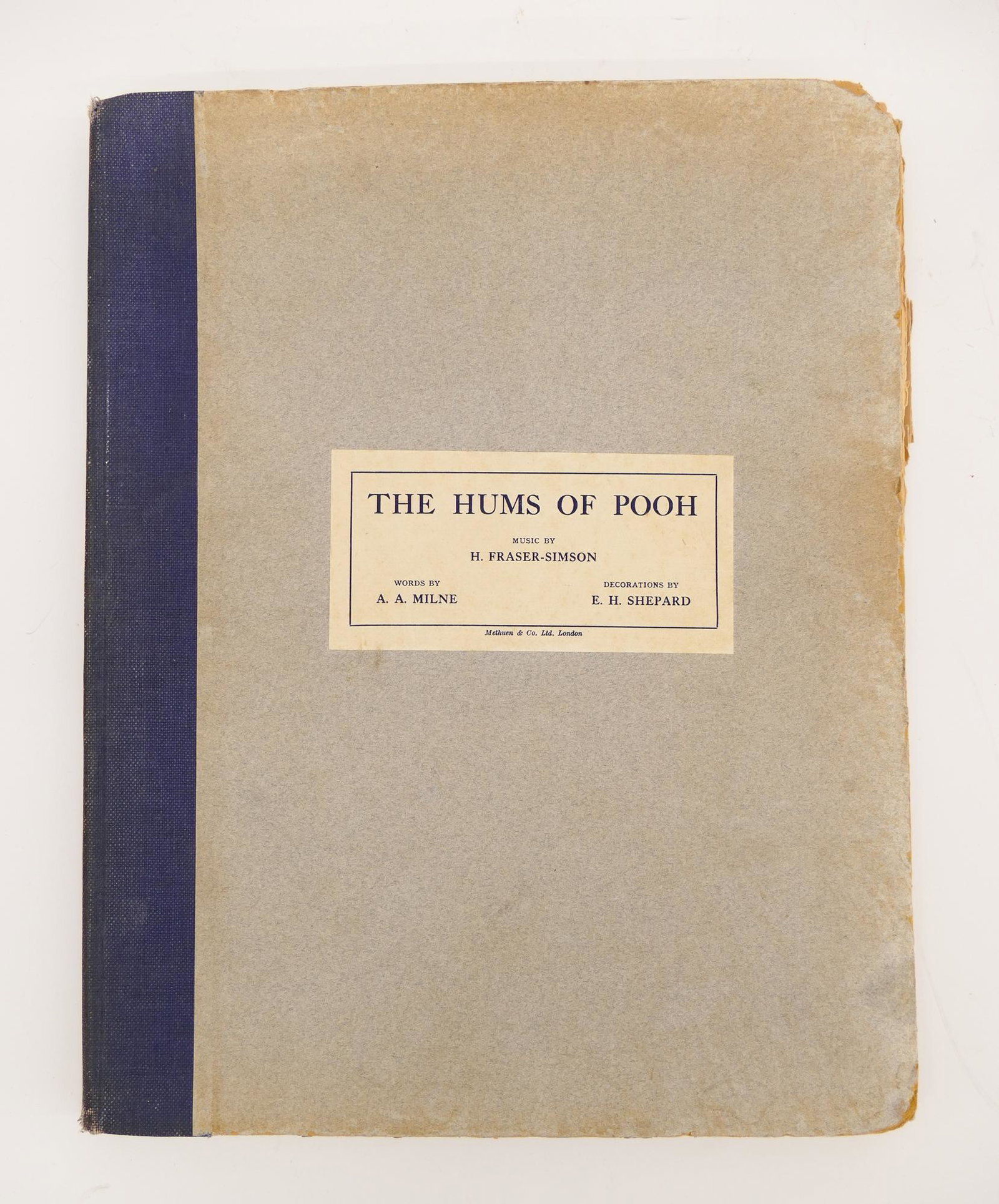 A.A. Milne, The Hums of Pooh Signed Songbook: A.A. Milne, The Hums of Pooh Signed Limited Edition Songbook, 1929. Edition 46/100. Signed by A.A. Milne, H. Fraser-Simson, and E.H. Shepard. Published by Methuen & Co, London. Spine is broken with a 