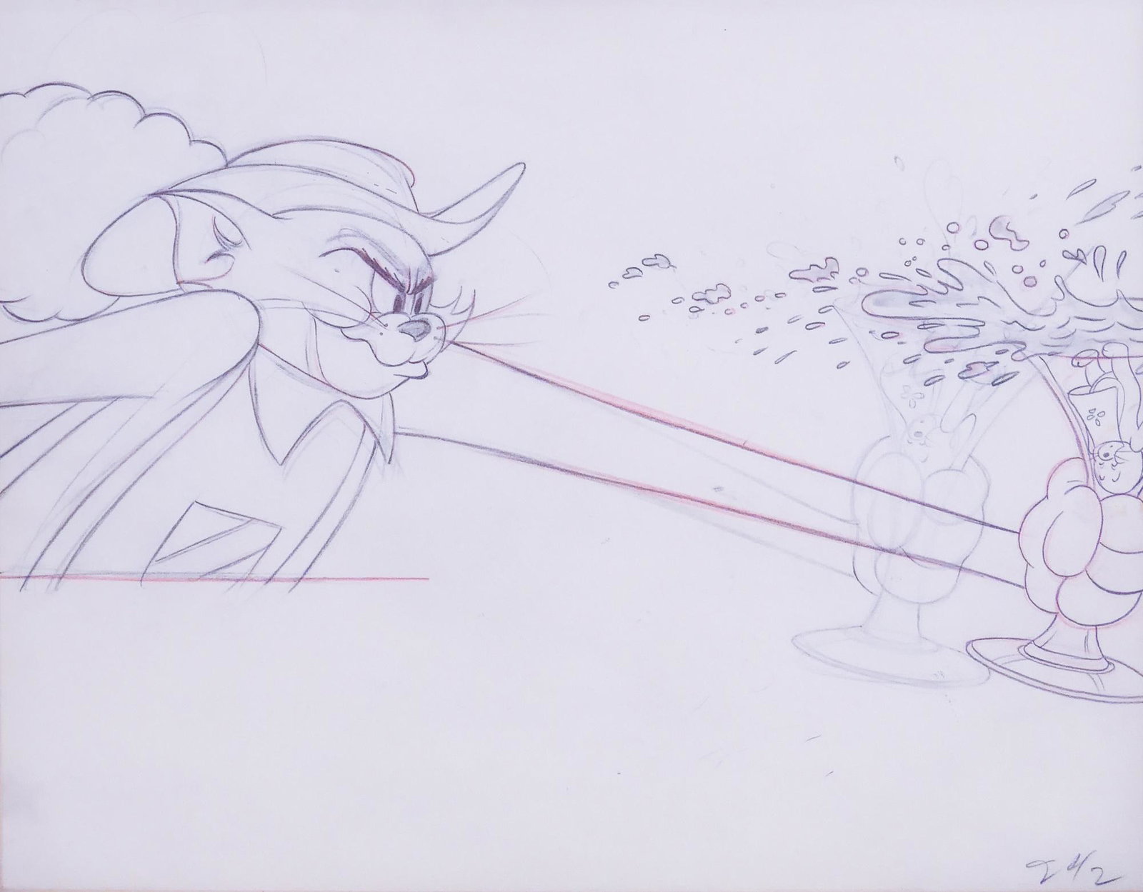 MGM Studio 'Tom & Jerry' Original Drawing, 1952: MGM Studio 'Tom & Jerry' Original Production Drawing, 1952. From 'Two Mouseketeers'. Framed measurements are 17.5x20'' with 9.5x12'' window. Great American Ink COA on back with Gallery Director Sally 