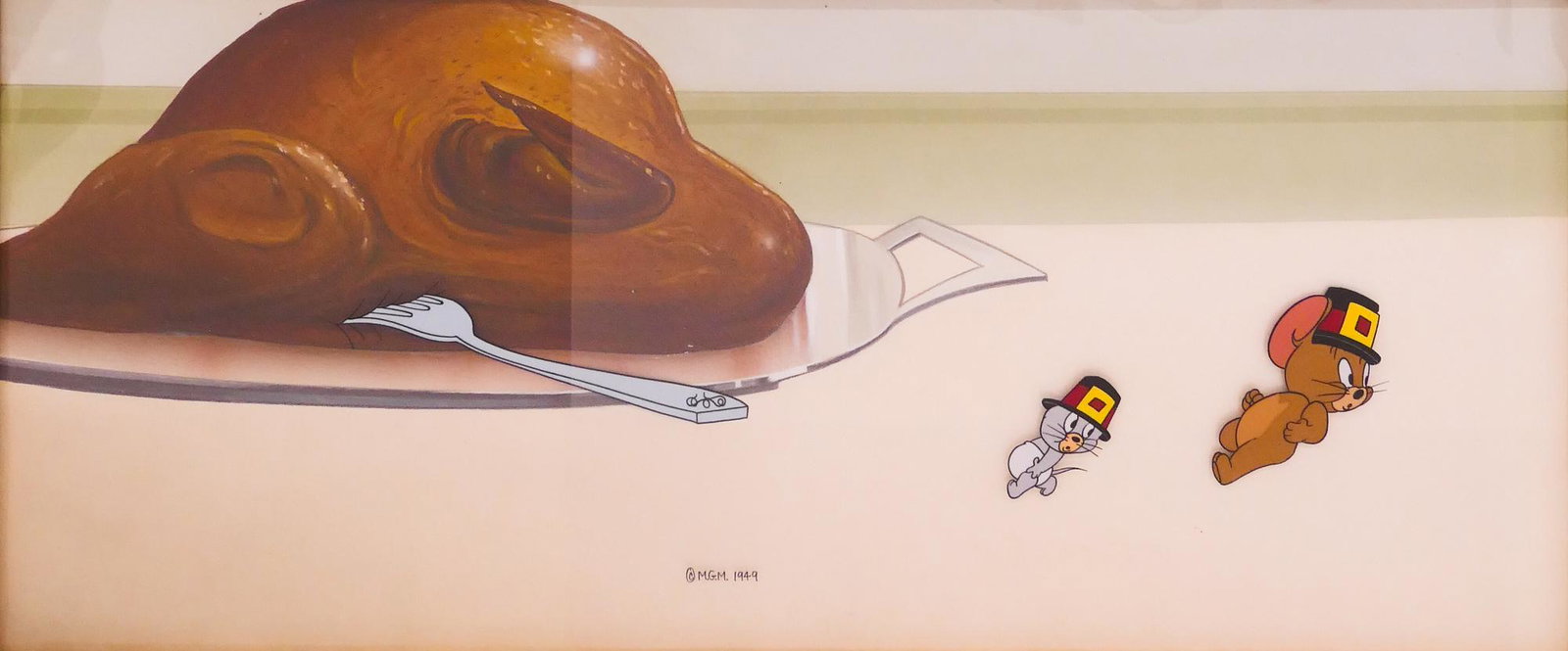 MGM Studio 'Jerry and Toughy' Original Cel, 1949: MGM Studio 'Jerry and Toughy' Original Production Cel, 1949. From 'Feed the Kitty' with Handpainting Matching Production Background. Framed measurements are 17x28.75'' with 9.25x21.25'' window. Unsign