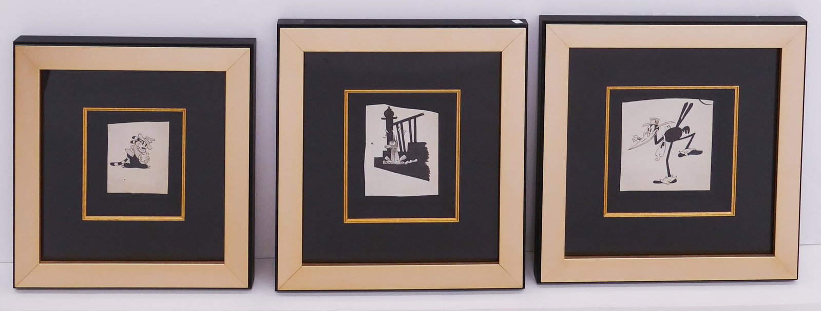 3pc Disney Floyd Gottfredson Pen & Ink Drawings: 3pc Disney Floyd Gottfredson Original Pen & Ink Drawings, 1930-1940's. UB Iwerks / Disney Studios. Includes 'Cat' (16x15.25'' Framed) , 'Oswald' (15x14.25'' Framed), and 'Stork' (16.25x16.25'' Framed)