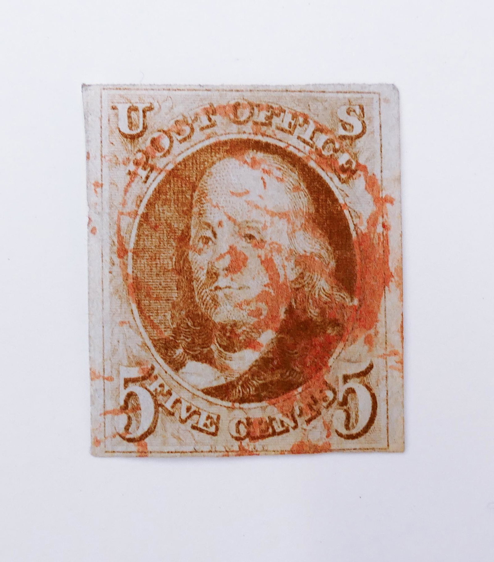 1847 5c Benjamin Franklin (#1): 1847 5c Benjamin Franklin (#1) red-brown, thin bluish wove paper, imperforate. Used Stamp. Purchased in 1979 from Rainier Philatelic Inc. of Burien, WA.