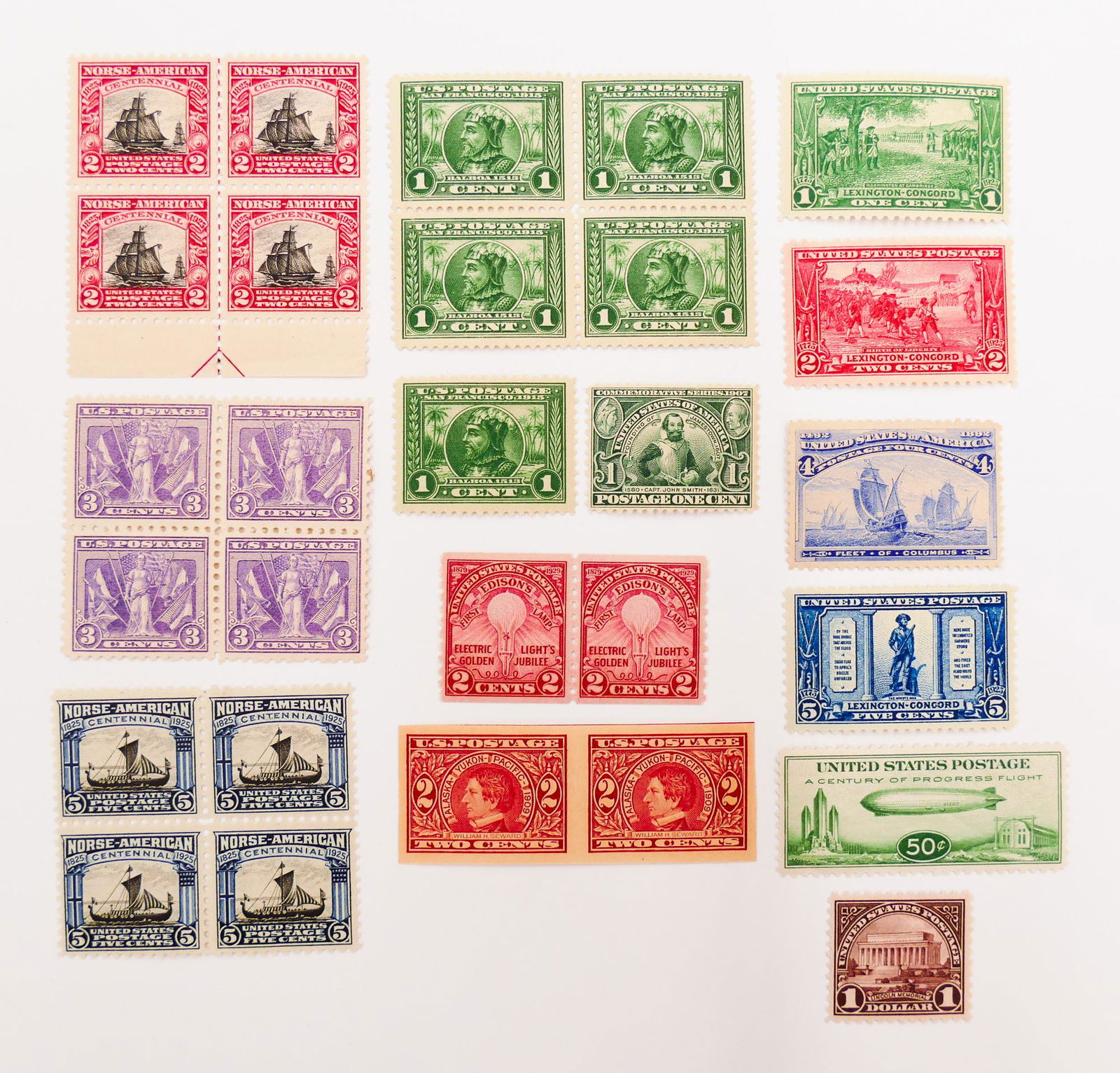 14pc US Stamp Collection 1893-1933: 14pc US Stamp Collection 1893-1933. Includes #233 1893 4c Columbian Commemorative: Fleet of Columbus (1pc Unused), #328 1907 1c Jamestown Commemorative: Captain John Smith (1 unused), #371 1909 2c Sew