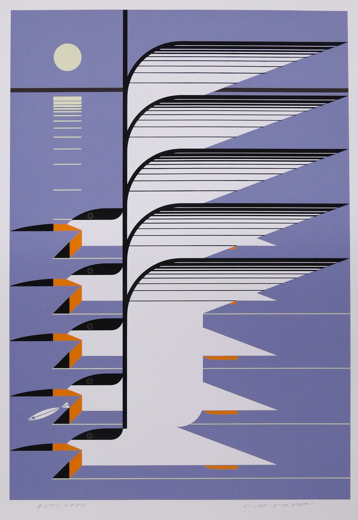 Charley Harper 'Skimmer' S/N Serigraph: Charley Harper 'Skimmer' Signed and Numbered Limited Edition Serigraph (No. 44). Published by The Frame House Gallery, 1976. Edition 855/2000. Serigraph measures 24.5x17.5'', loose with the original p